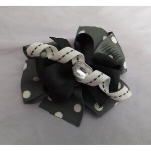Vintage Polka Dot Hair Bow Barrette With Rhinestone Center